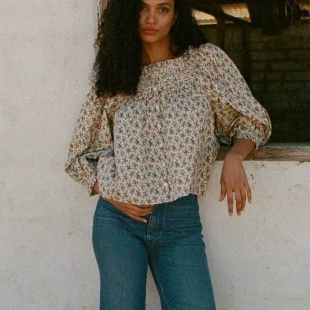 Doen Claudette Pintucked Floral Cotton Voile Top Size M